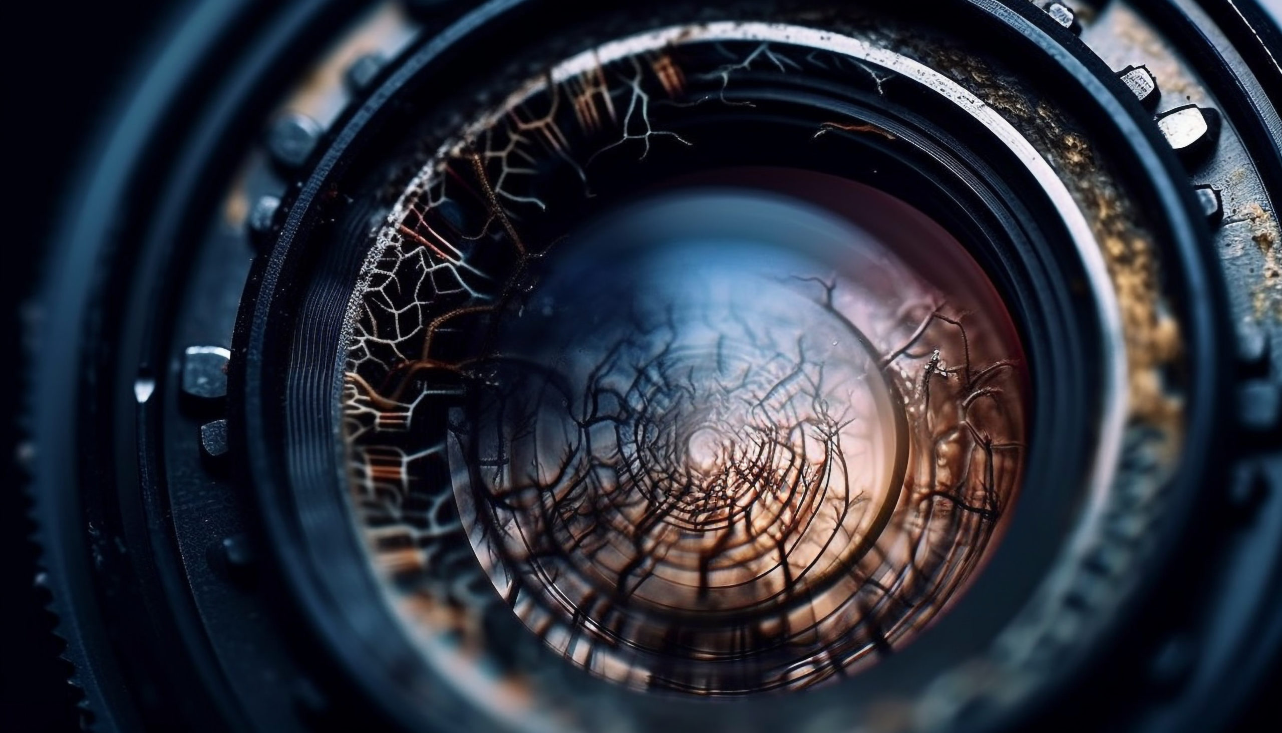 Reflection on steel machinery with camera lens generated by artificial intelligence